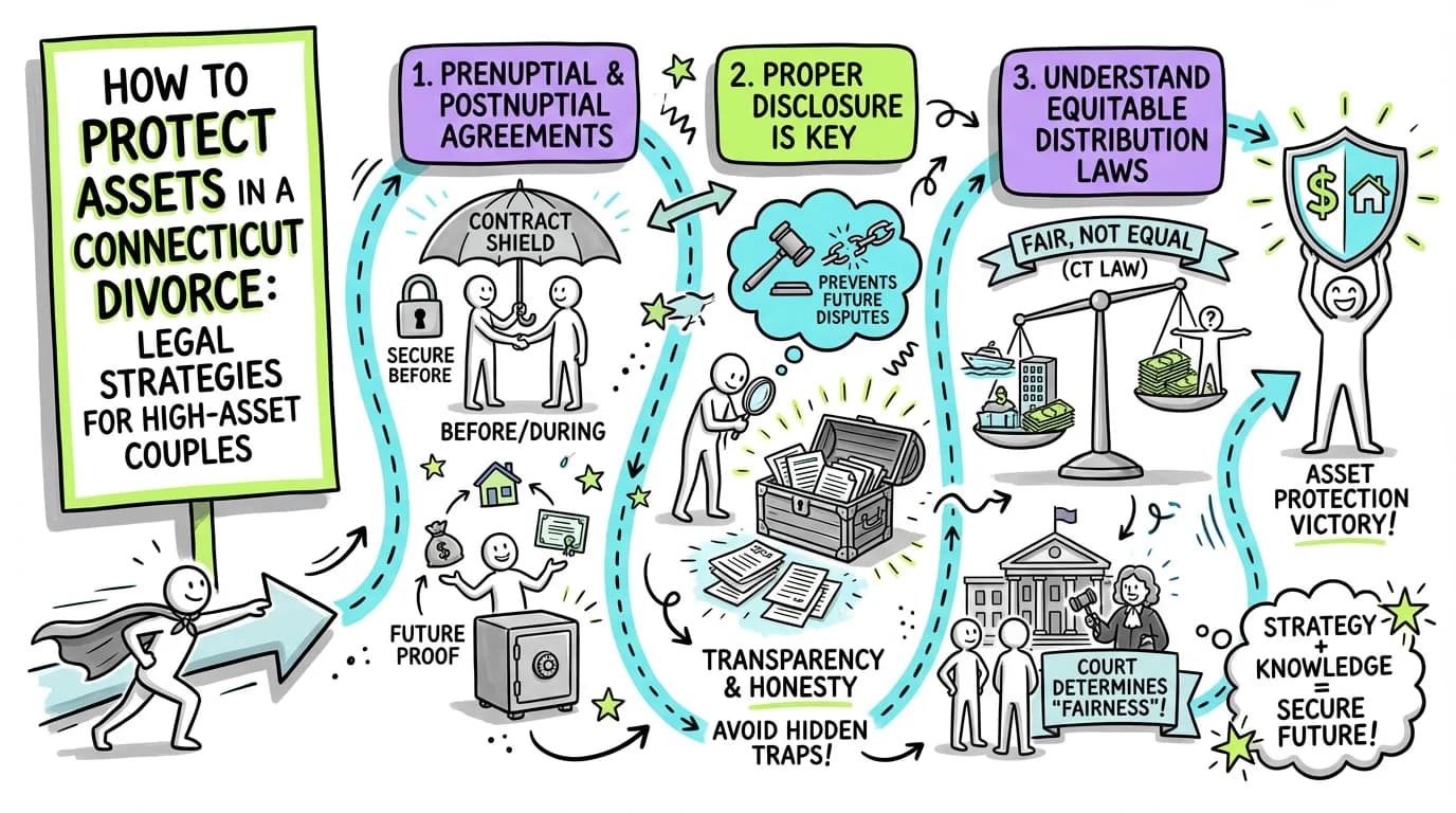 Visual overview showing the key steps and concepts for How to Protect Assets in a Connecticut Divorce: Legal Strategies for High-Asset Couples in Connecticut