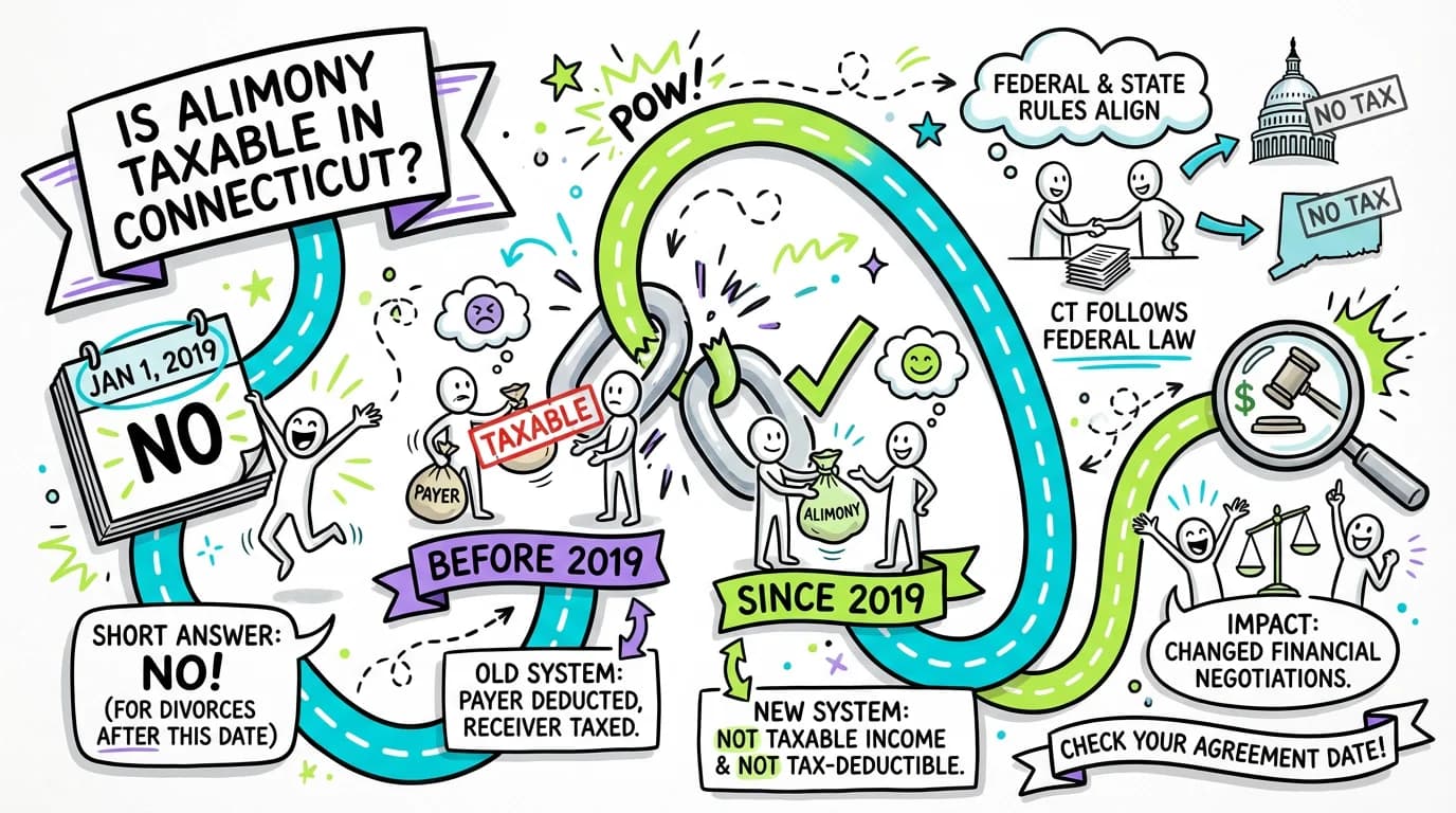 Sketchnote visual guide for Is alimony taxable in Connecticut?