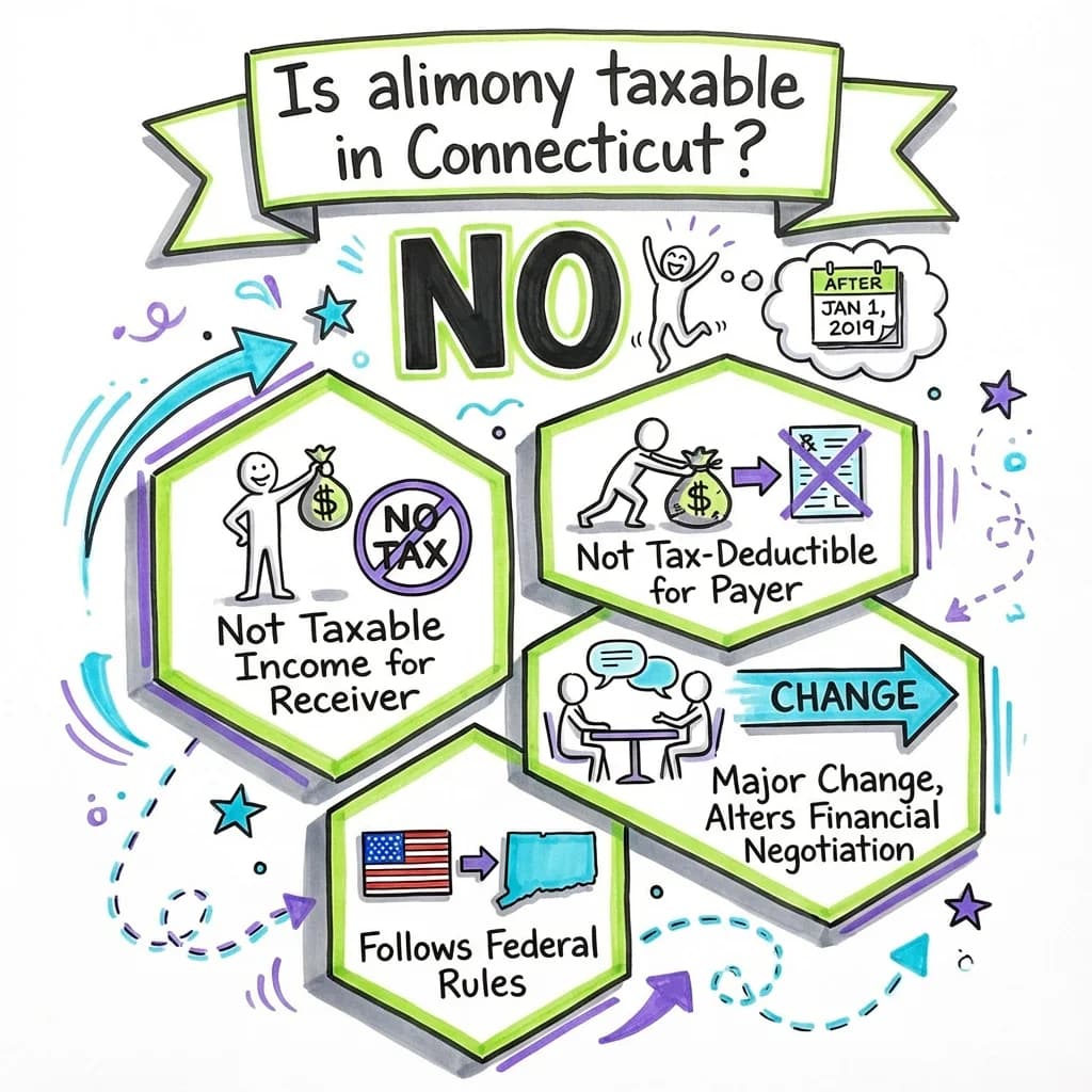 Sketchnote visual guide for Is alimony taxable in Connecticut?