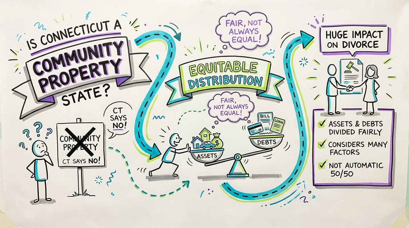 Sketchnote visual guide for Is Connecticut a community property state?