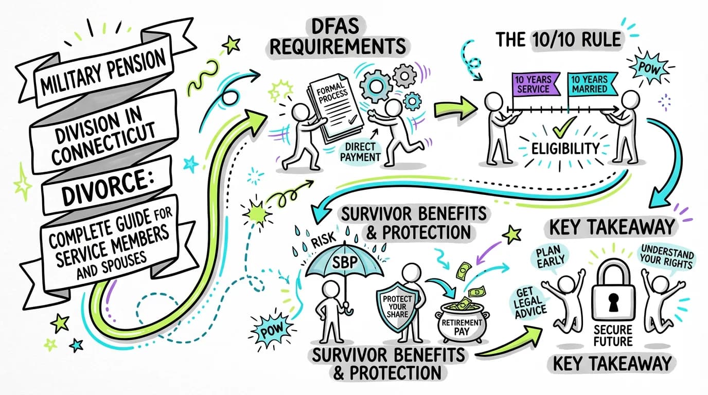 Visual overview showing the key steps and concepts for Military Pension Division in Connecticut Divorce: Complete Guide for Service Members and Spouses in Connecticut