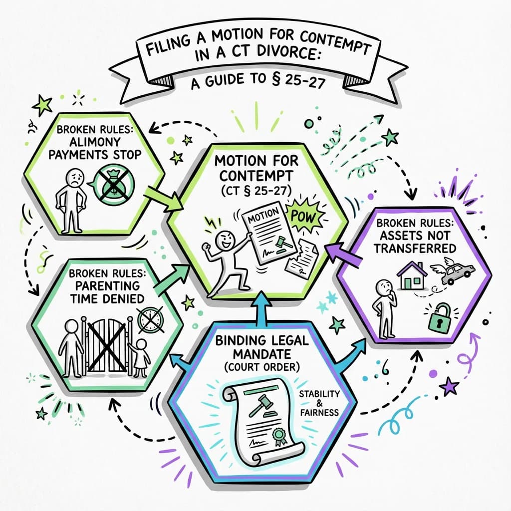 Sketchnote visual guide for Filing a Motion for Contempt in a CT Divorce: A Guide to § 25-27