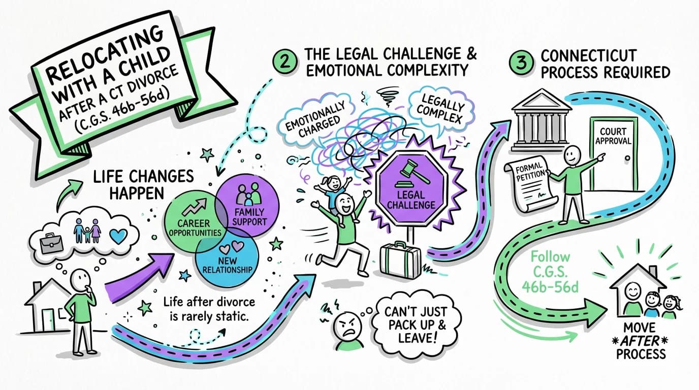Sketchnote visual guide for Relocating with a Child After a Connecticut Divorce (C.G.S. 46b-56d)