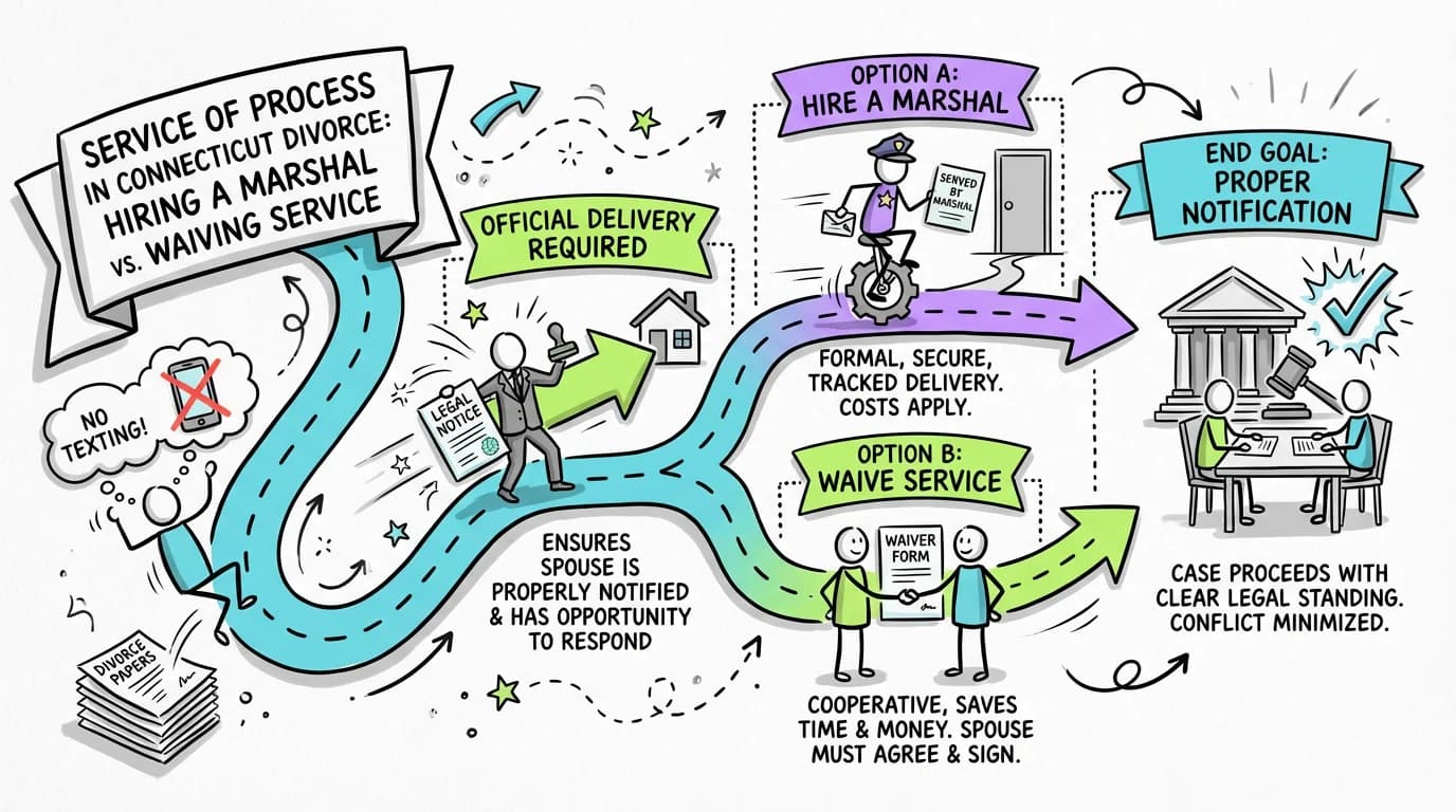 Sketchnote visual guide for Service of Process in Connecticut Divorce: Hiring a Marshal vs. Waiving Service