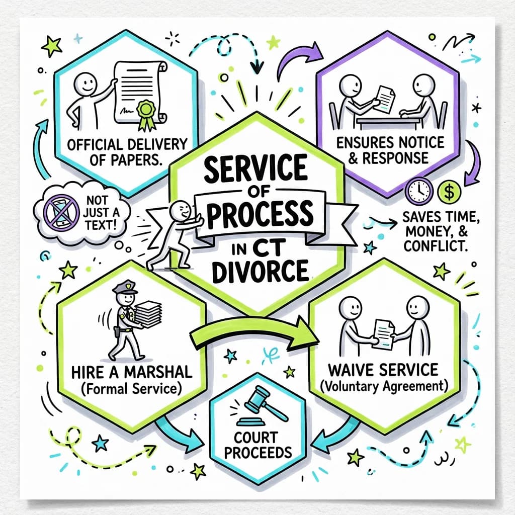 Sketchnote visual guide for Service of Process in Connecticut Divorce: Hiring a Marshal vs. Waiving Service