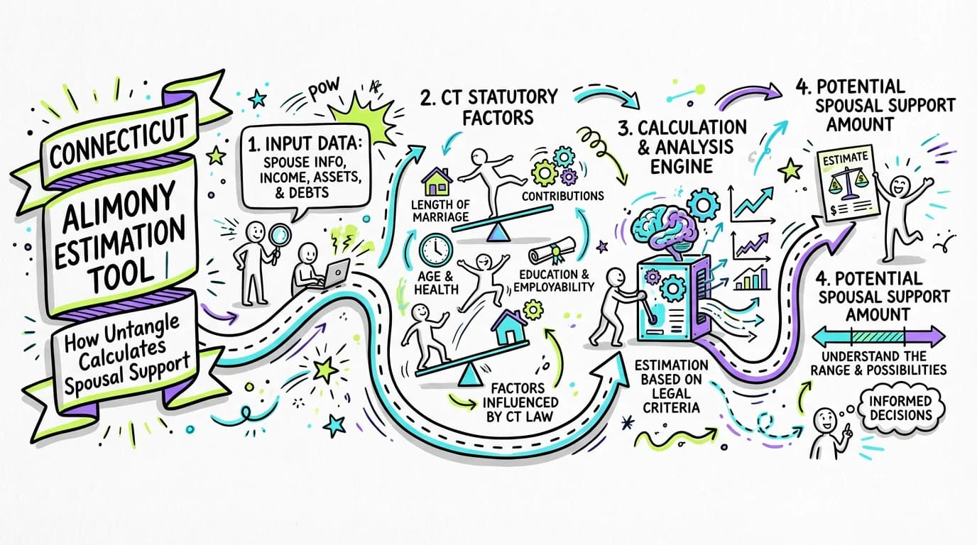 Visual overview showing the key steps and concepts for Connecticut Alimony Estimation Tool | How Untangle Calculates Spousal Support in Connecticut