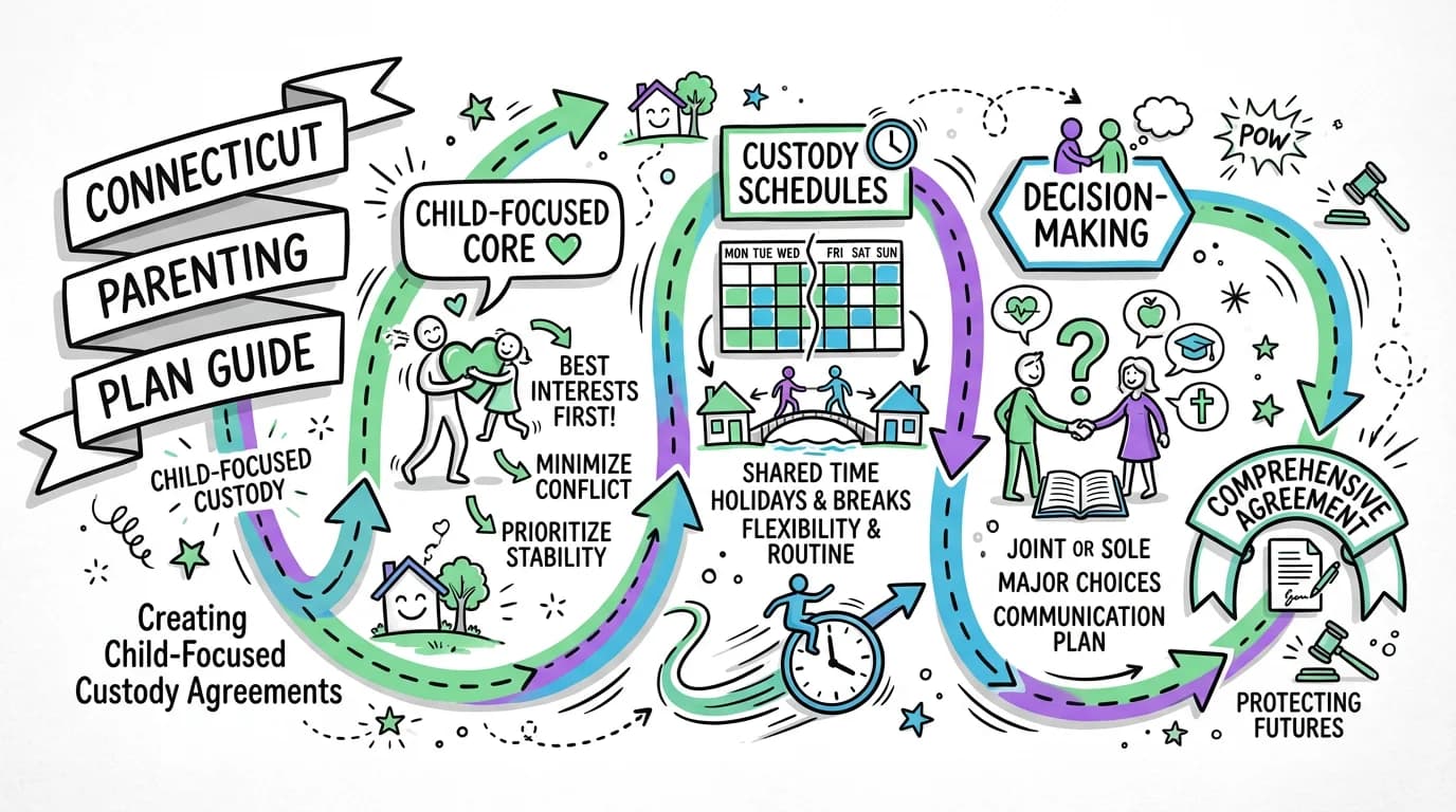 Visual overview showing the key steps and concepts for Connecticut Parenting Plan Guide: Creating Child-Focused Custody Agreements in Connecticut