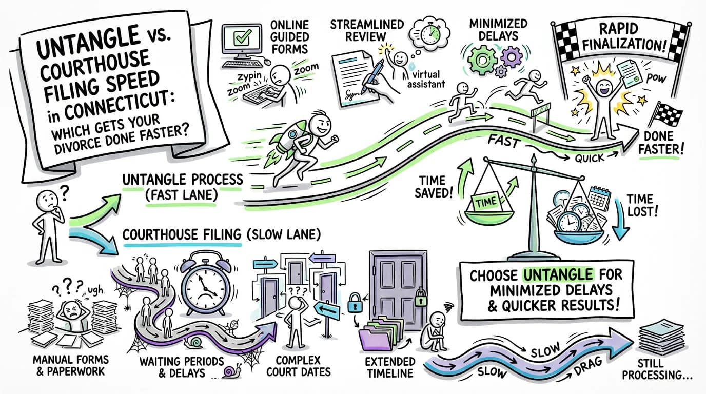 Visual overview showing the key steps and concepts for Untangle vs Courthouse Filing Speed in Connecticut: Which Gets Your Divorce Done Faster? in Connecticut