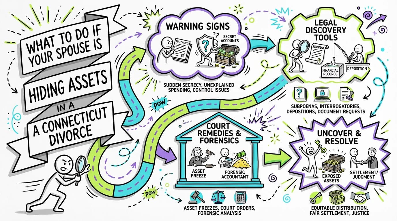 Sketchnote visual guide for What to Do If Your Spouse Is Hiding Assets in a Connecticut Divorce
