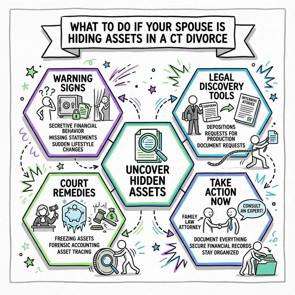 Sketchnote visual guide for What to Do If Your Spouse Is Hiding Assets in a Connecticut Divorce