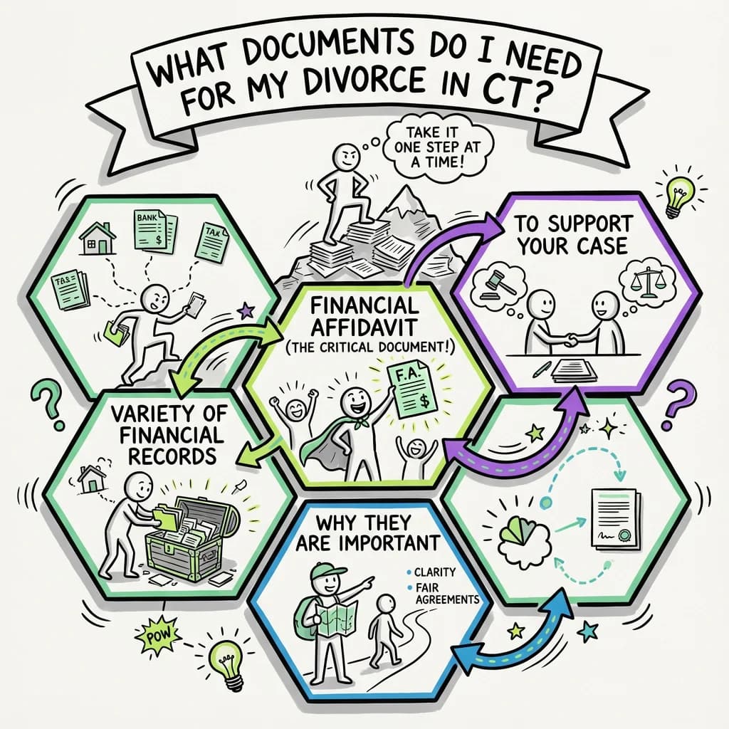Sketchnote visual guide for What documents do I need for my divorce in Connecticut?