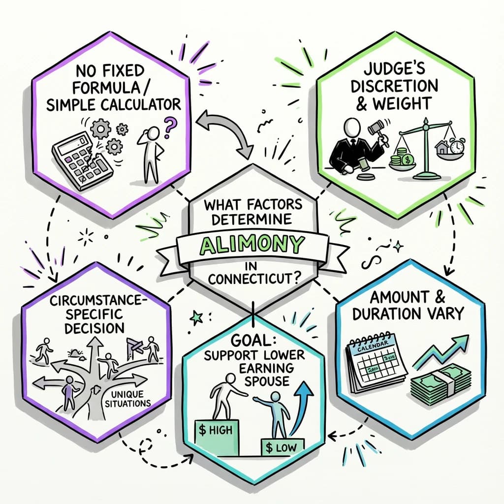 Sketchnote visual guide for What factors determine alimony in Connecticut?