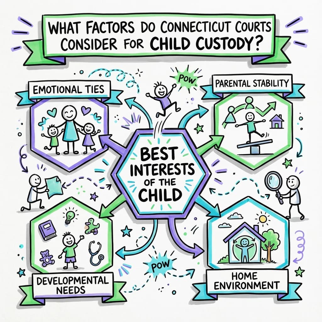 Sketchnote visual guide for What factors do Connecticut courts consider for child custody?