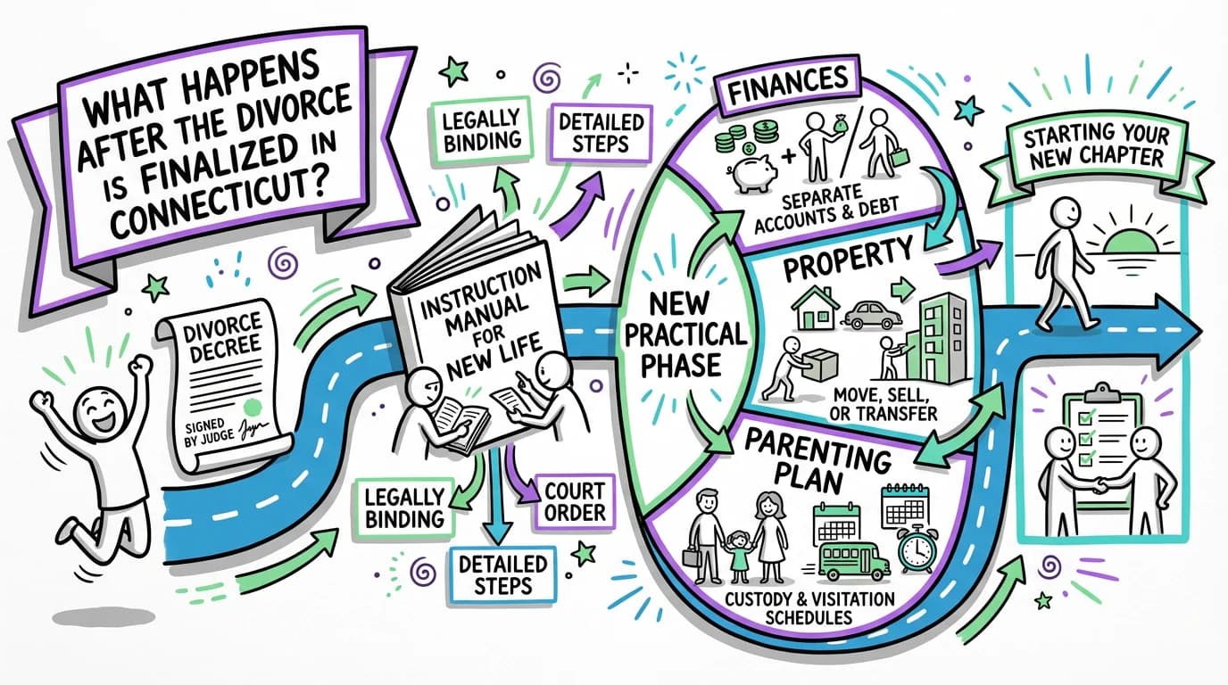 Sketchnote visual guide for What happens after the divorce is finalized in Connecticut?
