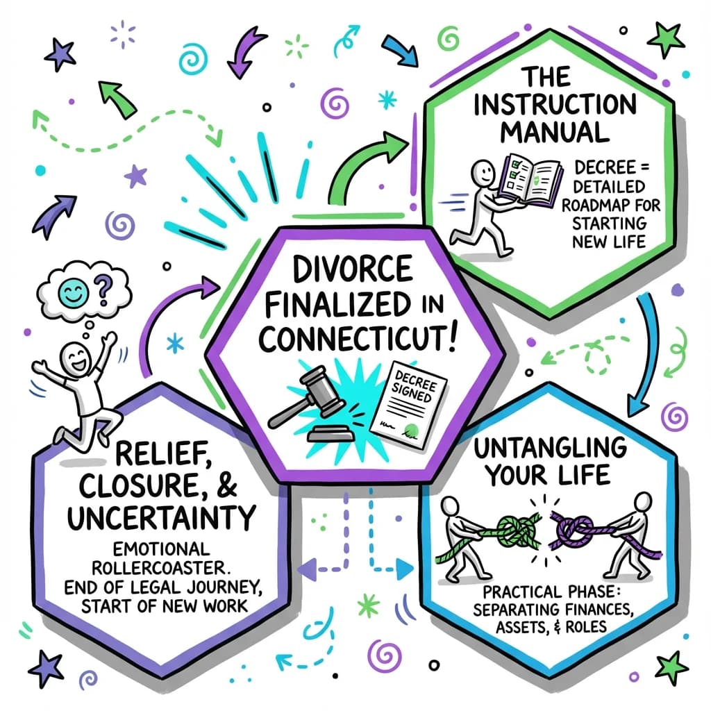 Sketchnote visual guide for What happens after the divorce is finalized in Connecticut?