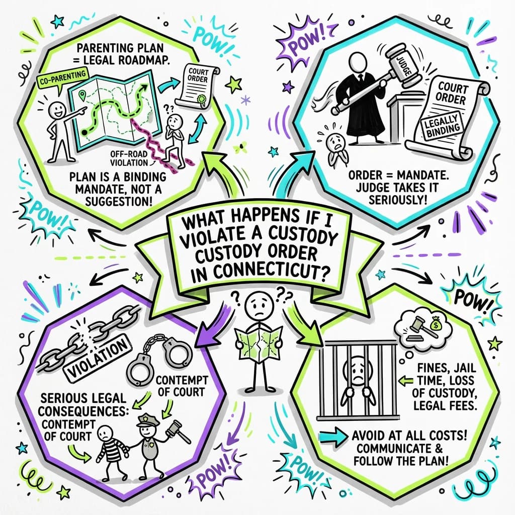 Sketchnote visual guide for What happens if I violate a custody order in Connecticut?