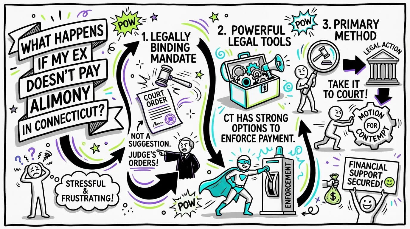 Sketchnote visual guide for What happens if my ex doesn't pay alimony in Connecticut?