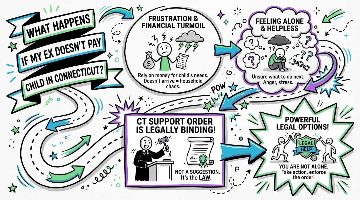 Sketchnote visual guide for What happens if my ex doesn't pay child support in Connecticut?