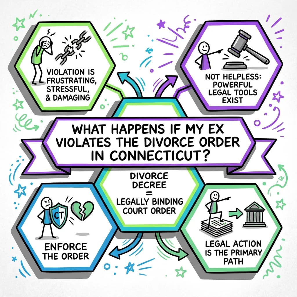 Sketchnote visual guide for What happens if my ex violates the divorce order in Connecticut?