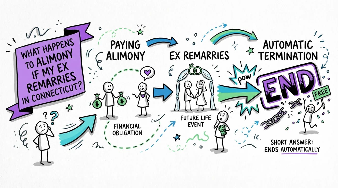 Sketchnote visual guide for What happens to alimony if my ex remarries in Connecticut?