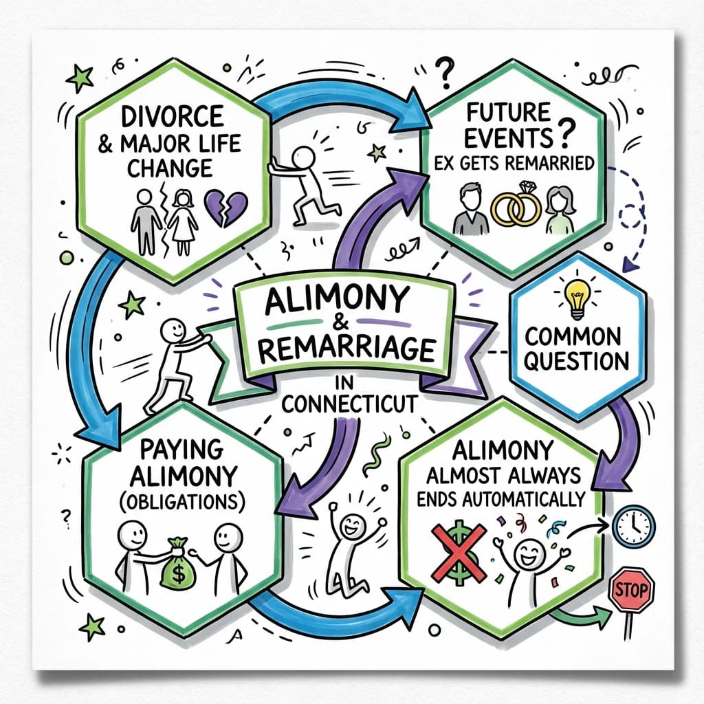 Sketchnote visual guide for What happens to alimony if my ex remarries in Connecticut?