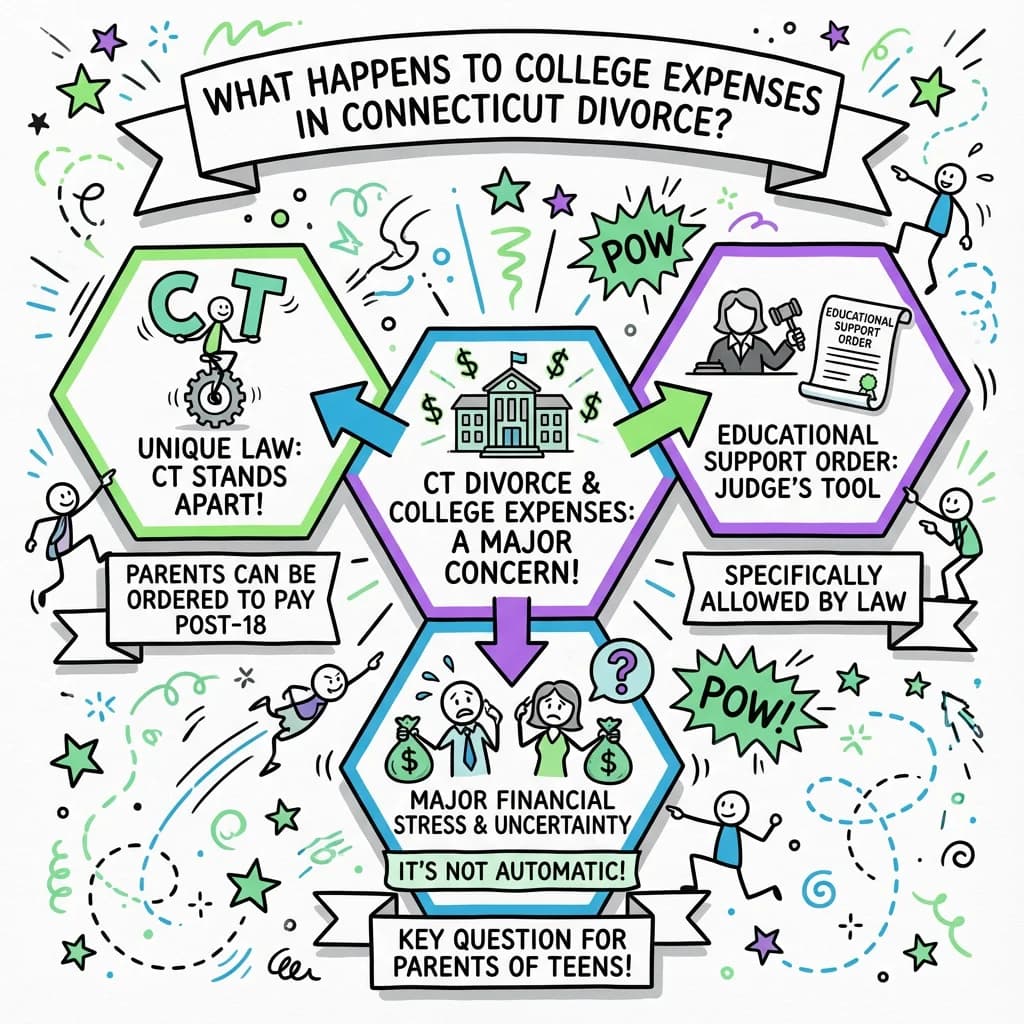 Sketchnote visual guide for What happens to college expenses in Connecticut divorce?