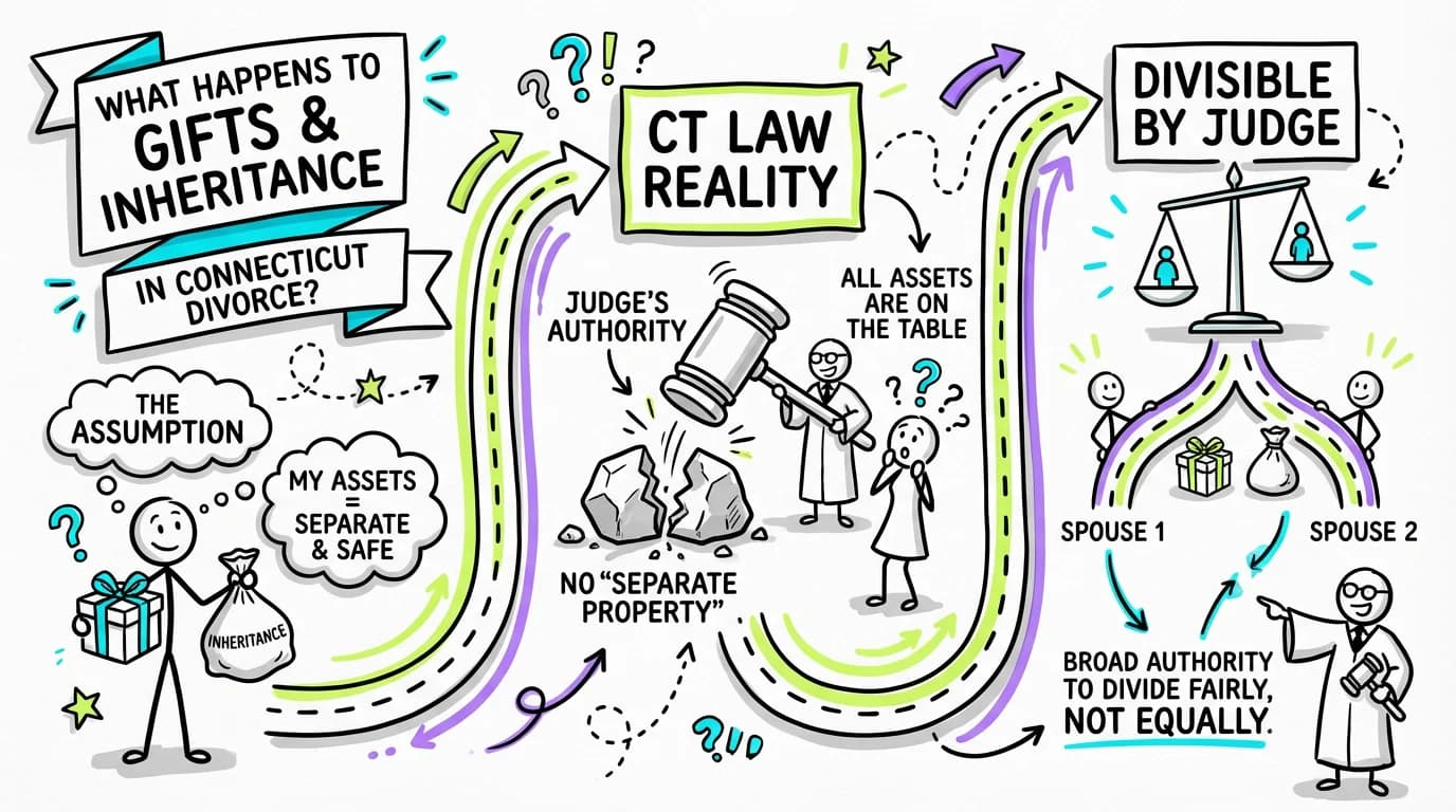 Sketchnote visual guide for What happens to gifts and inheritance in Connecticut divorce?