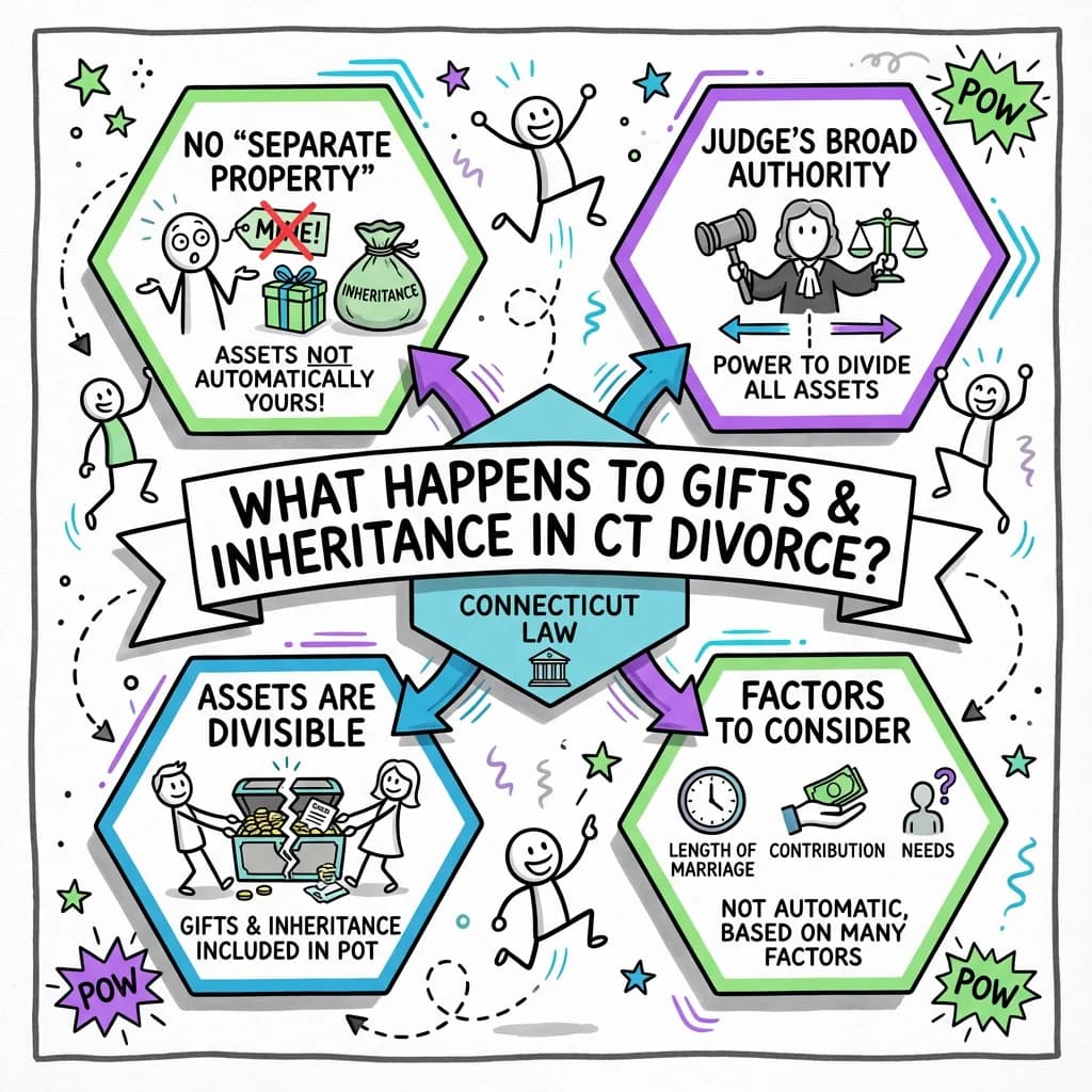 Sketchnote visual guide for What happens to gifts and inheritance in Connecticut divorce?