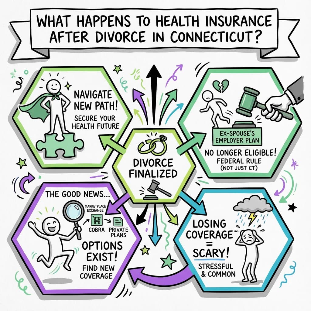 Sketchnote visual guide for What happens to health insurance after divorce in Connecticut?