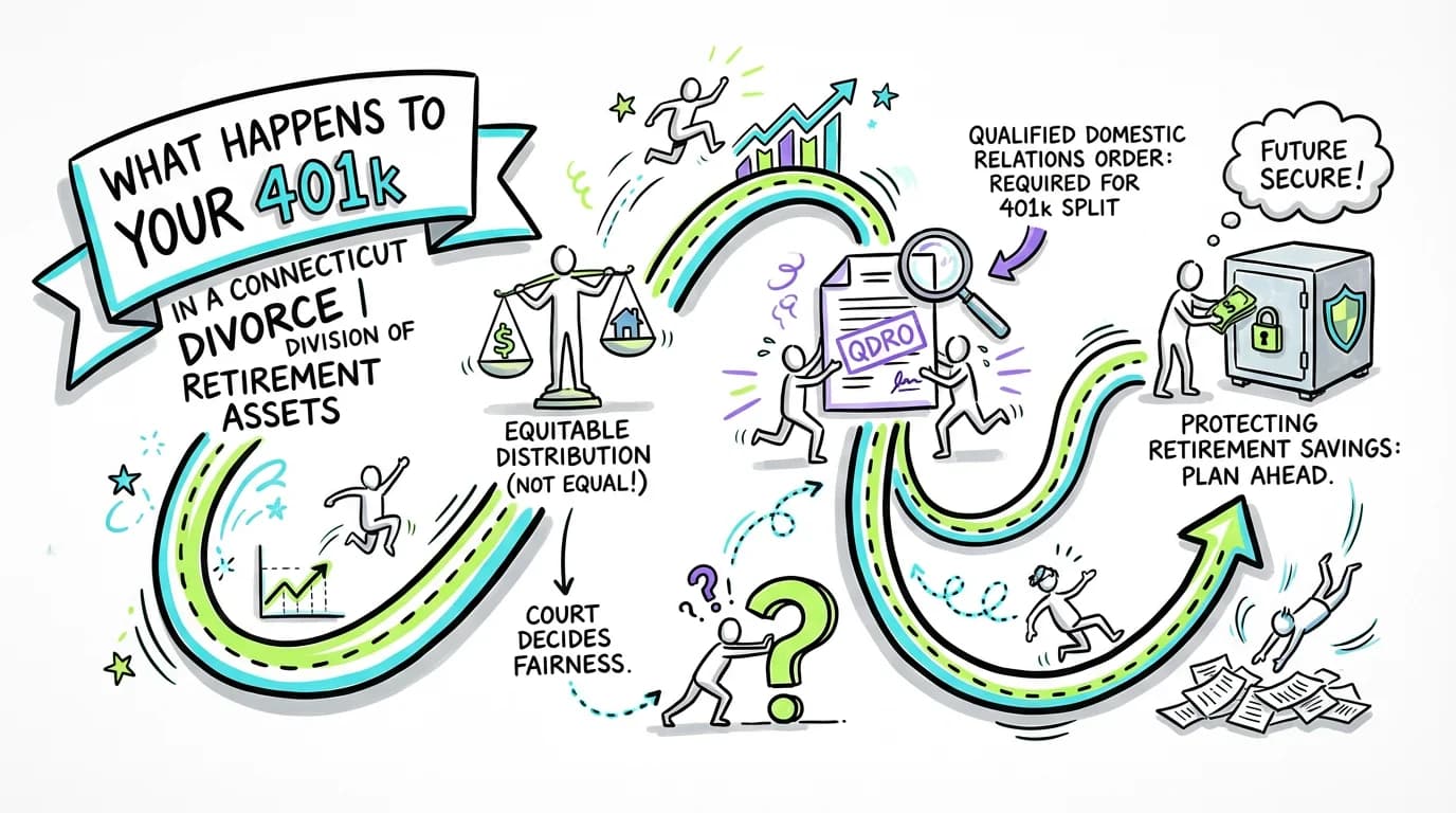 Visual overview showing the key steps and concepts for What Happens to Your 401k in a Connecticut Divorce | Division of Retirement Assets in Connecticut