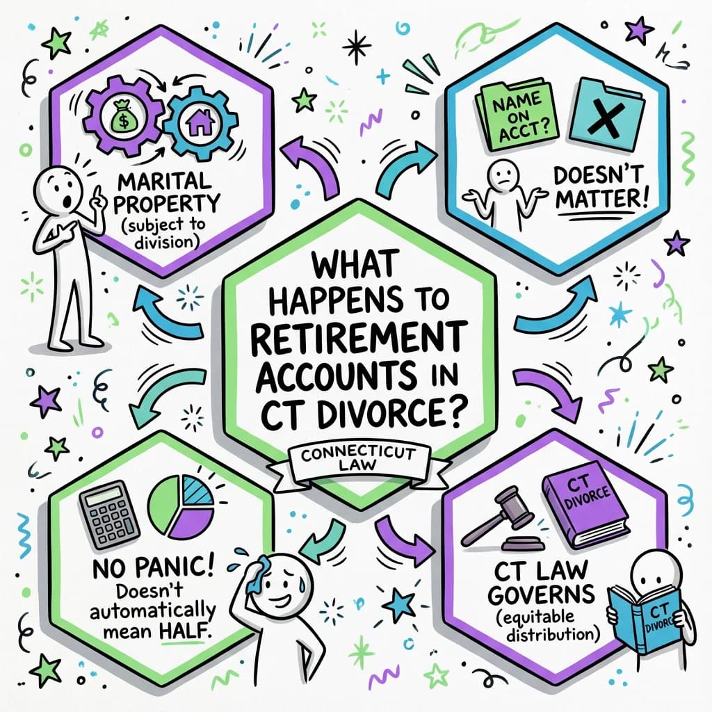 Sketchnote visual guide for What happens to retirement accounts in Connecticut divorce?