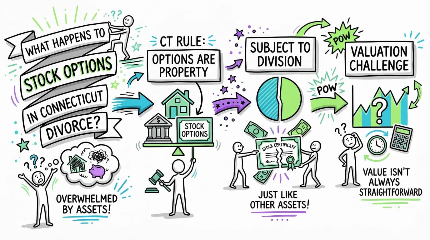 Sketchnote visual guide for What happens to stock options in Connecticut divorce?