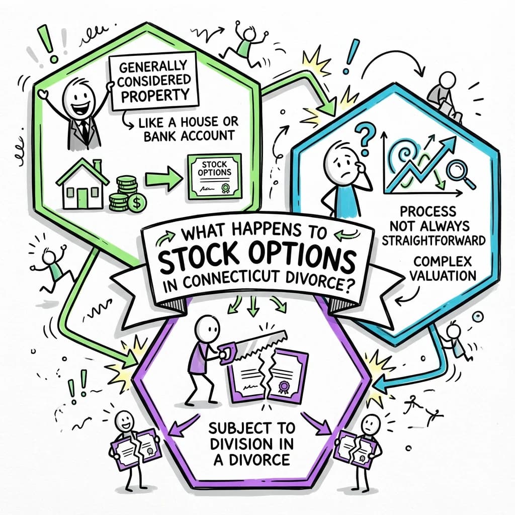 Sketchnote visual guide for What happens to stock options in Connecticut divorce?
