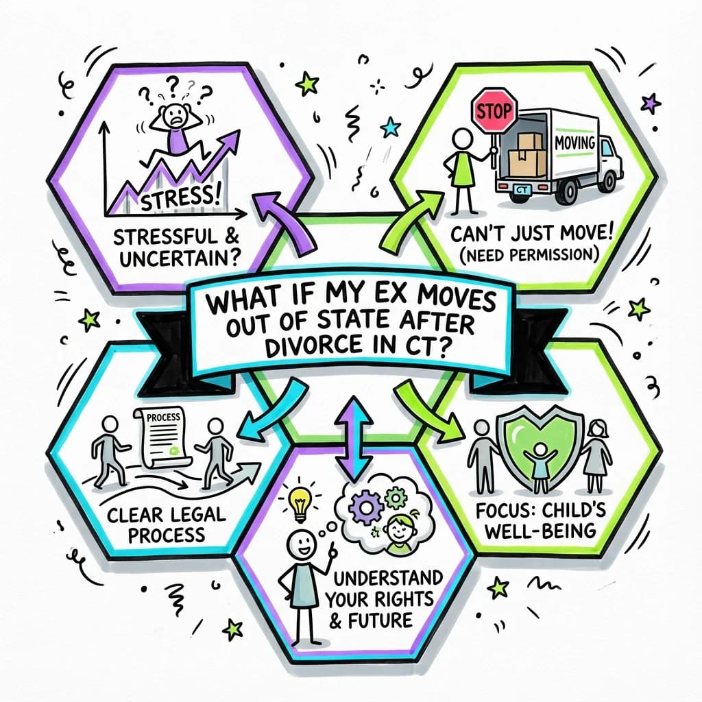 Sketchnote visual guide for What if my ex moves out of state after divorce in Connecticut?