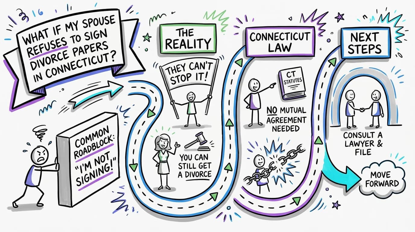 Sketchnote visual guide for What if my spouse refuses to sign divorce papers in Connecticut?