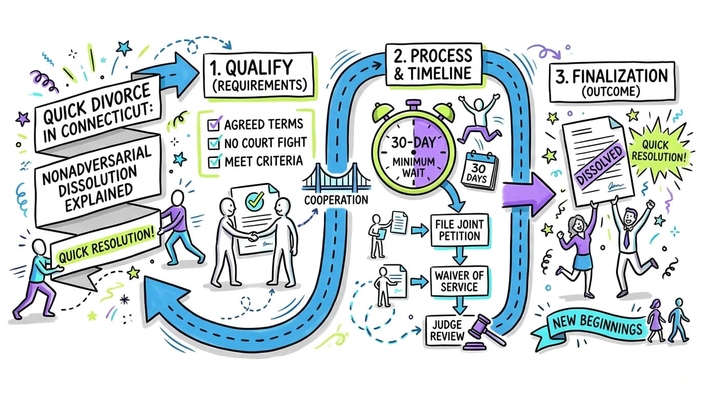 Visual overview showing the key steps and concepts for Quick Divorce in Connecticut: Nonadversarial Dissolution Explained in Connecticut