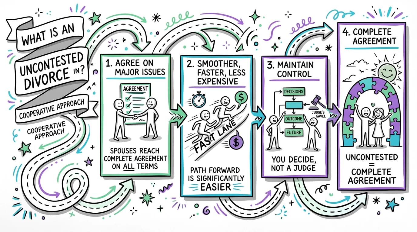Sketchnote visual guide for What is an uncontested divorce in Connecticut?