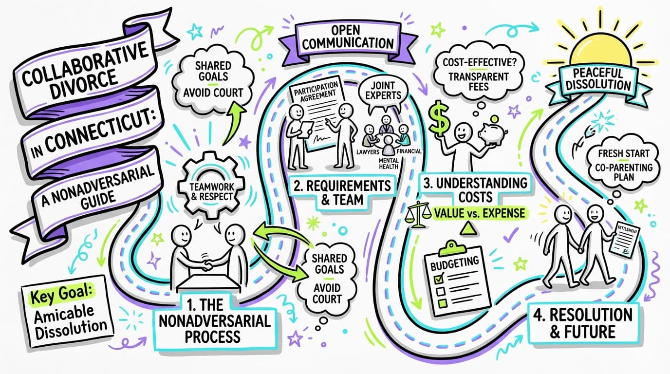 Visual overview showing the key steps and concepts for Collaborative Divorce in Connecticut: A Complete Guide to Nonadversarial Dissolution in Connecticut
