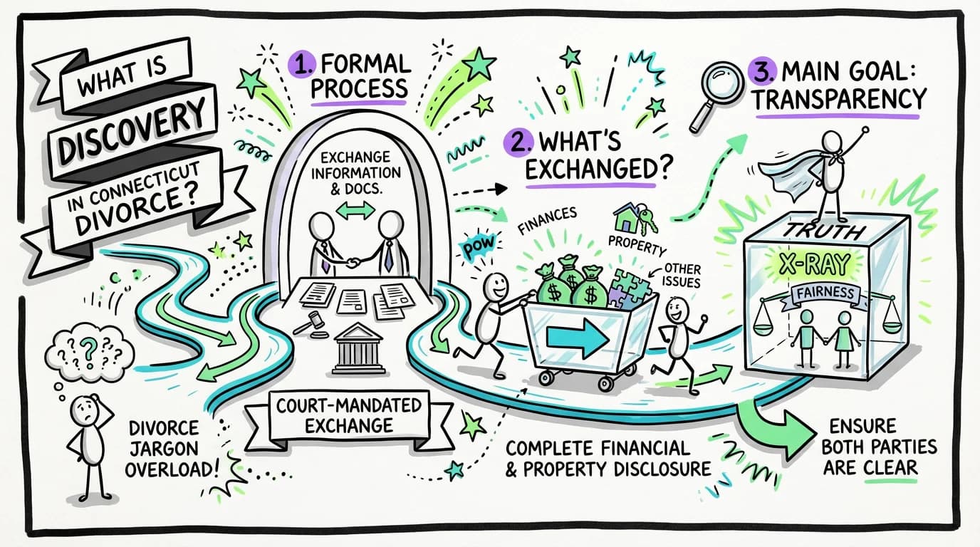 Sketchnote visual guide for What is discovery in Connecticut divorce?