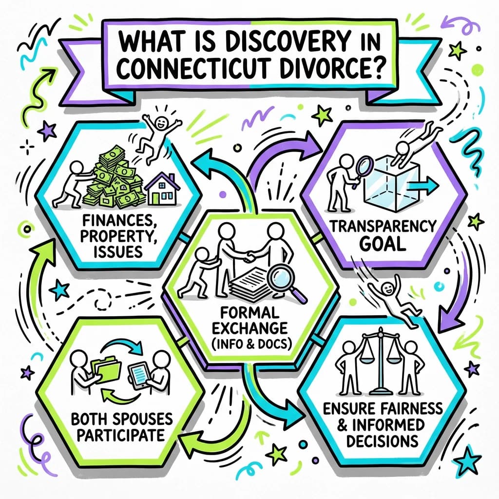 Sketchnote visual guide for What is discovery in Connecticut divorce?