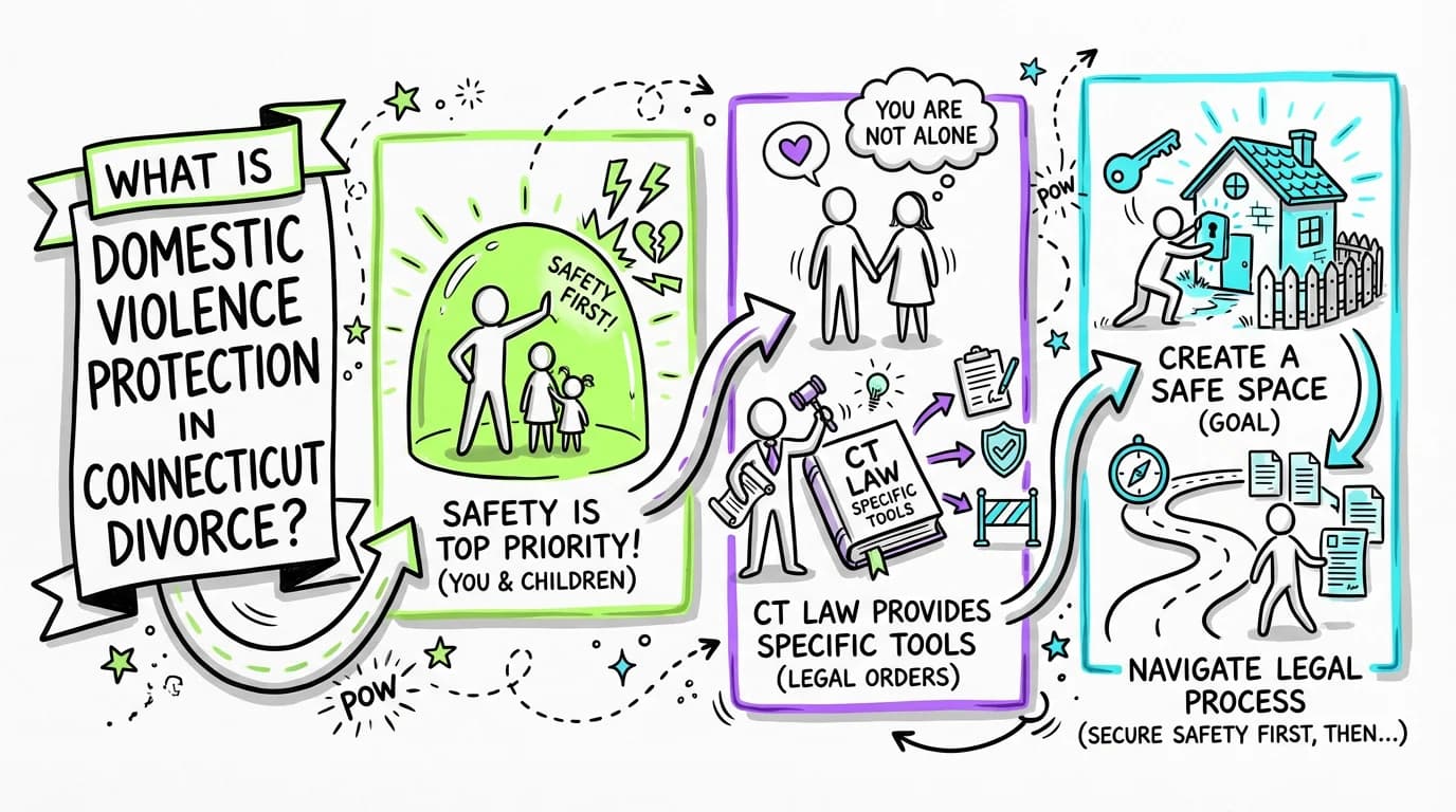 Sketchnote visual guide for What is domestic violence protection in Connecticut divorce?
