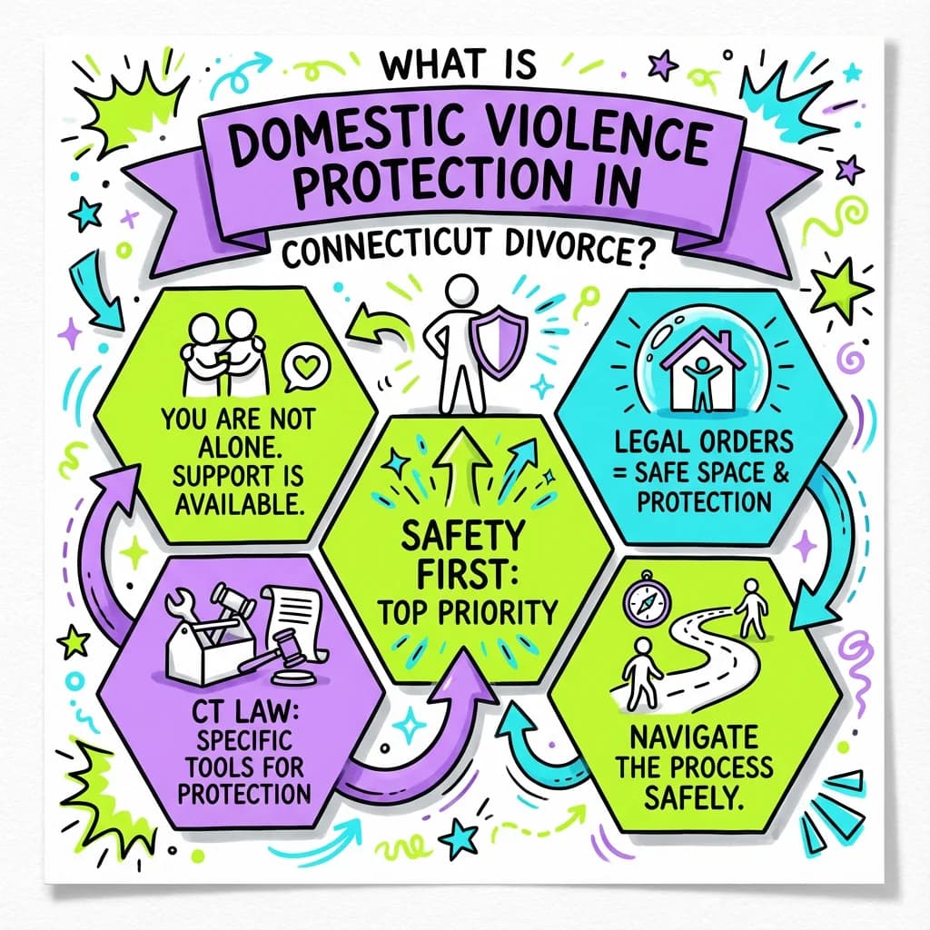 Sketchnote visual guide for What is domestic violence protection in Connecticut divorce?