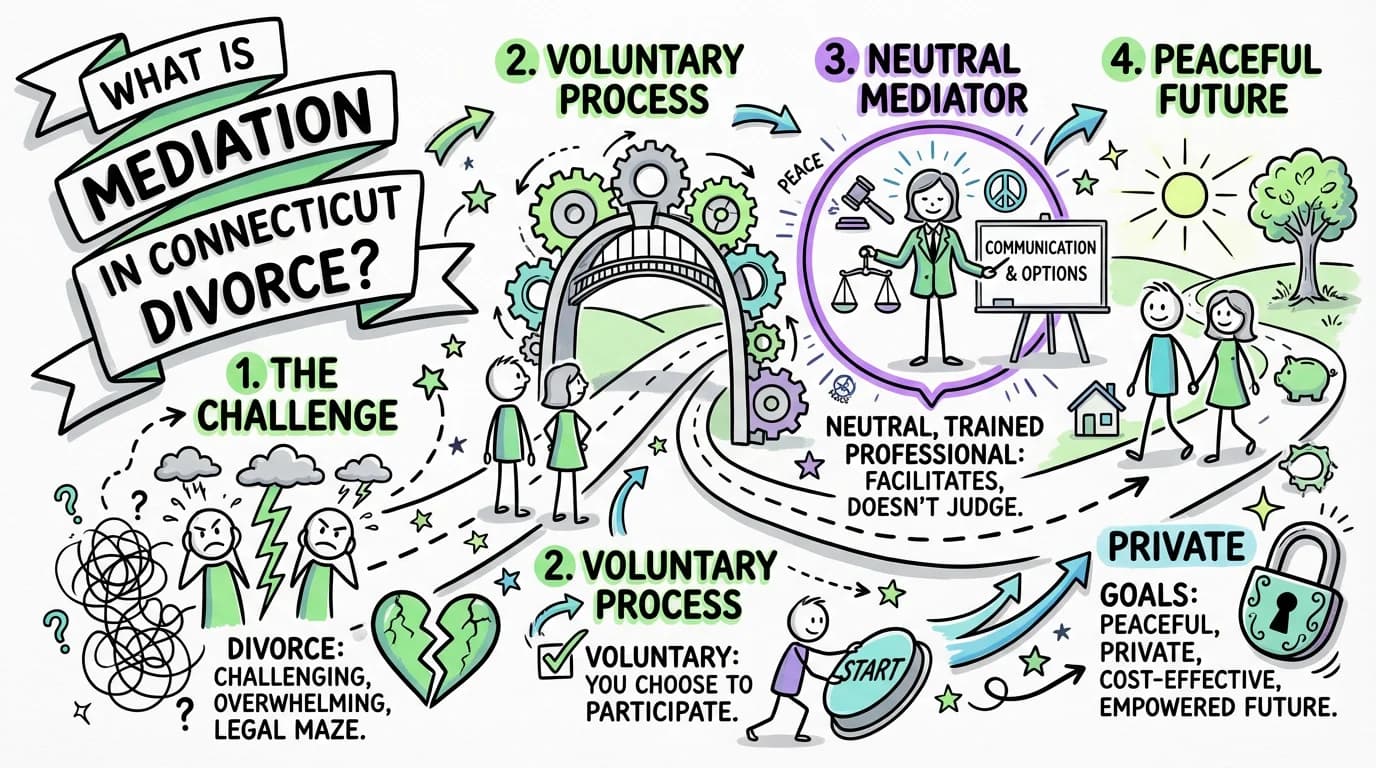Sketchnote visual guide for What is mediation in Connecticut divorce?