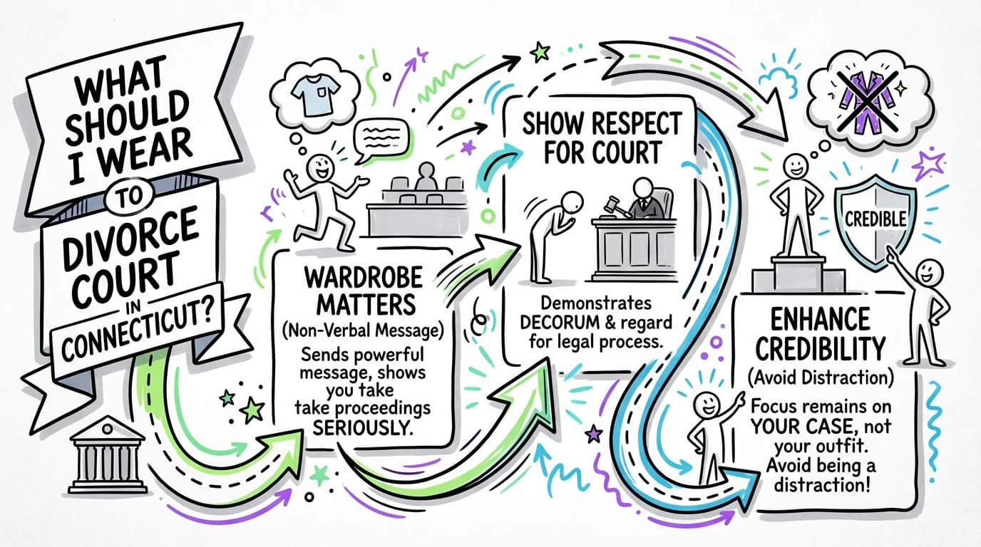 Sketchnote visual guide for What should I wear to divorce court in Connecticut?