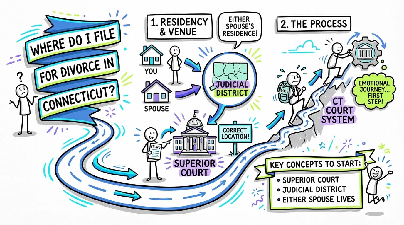 Sketchnote visual guide for Where do I file for divorce in Connecticut?