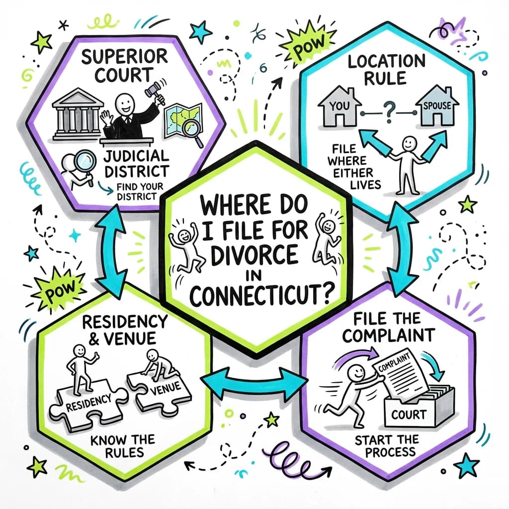 Sketchnote visual guide for Where do I file for divorce in Connecticut?