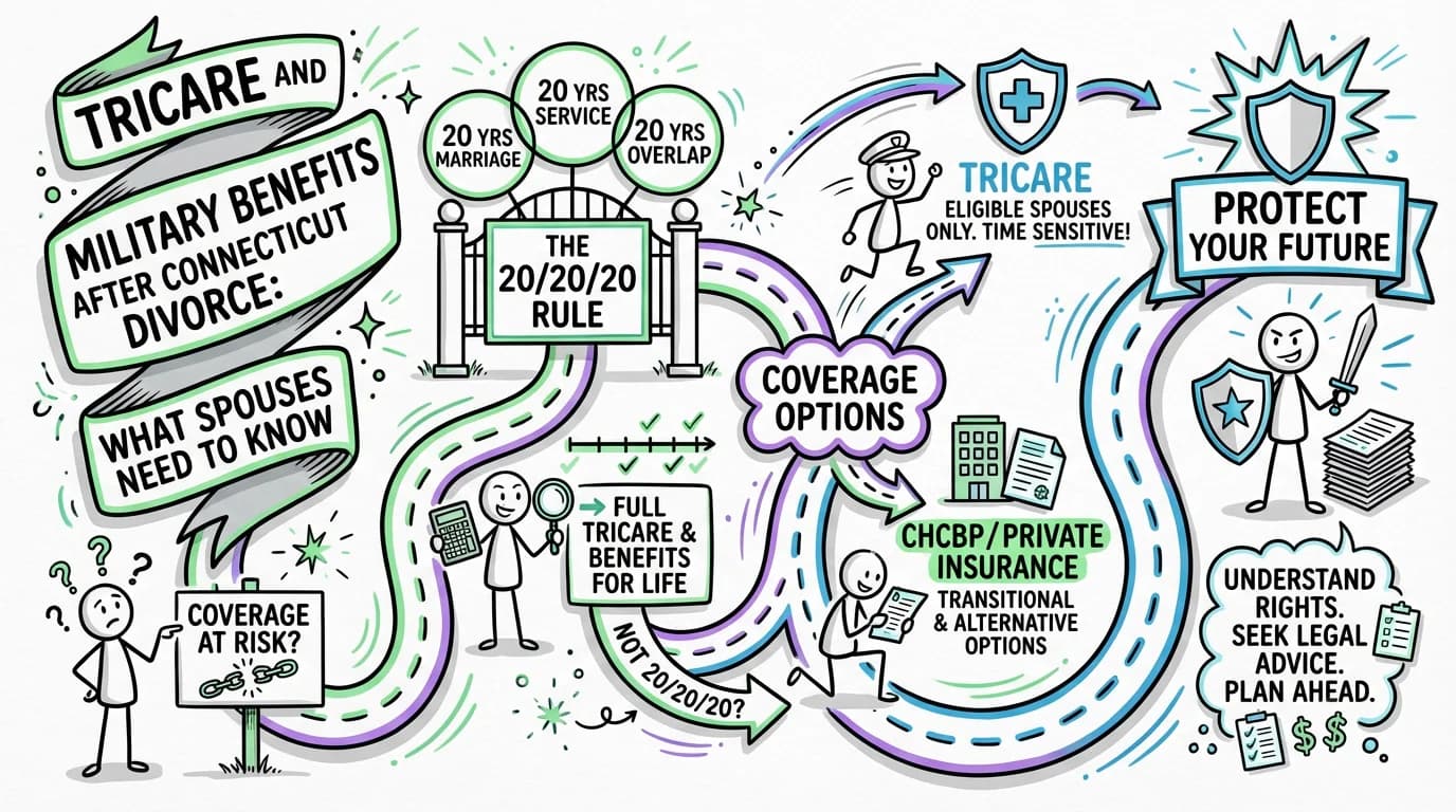 Sketchnote visual guide for TRICARE and Military Benefits After Connecticut Divorce: What Spouses Need to Know