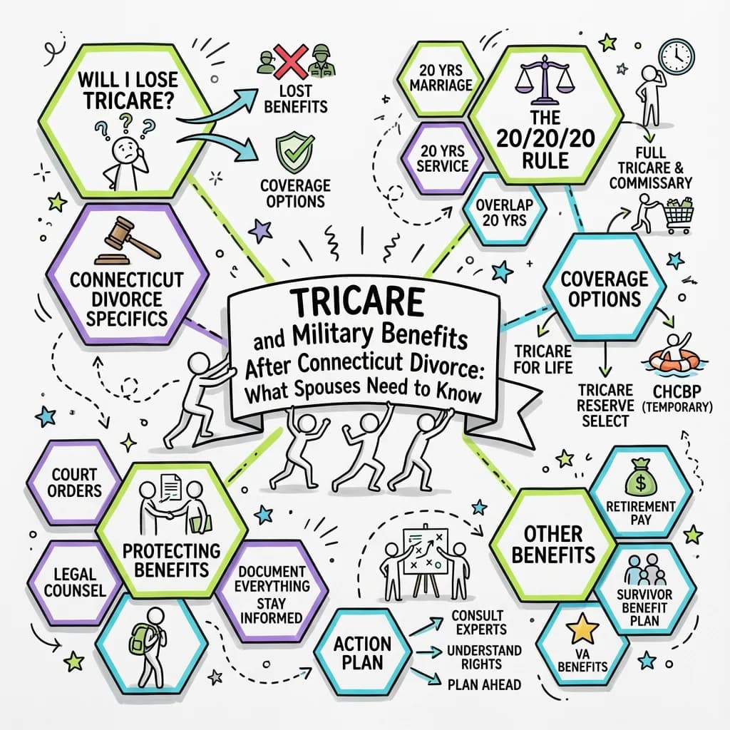 Sketchnote visual guide for TRICARE and Military Benefits After Connecticut Divorce: What Spouses Need to Know